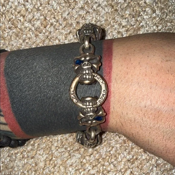 Travis Walker Double Cross menacing skull sterling silver men's bracelet đź’€ - Picture 8 of 12